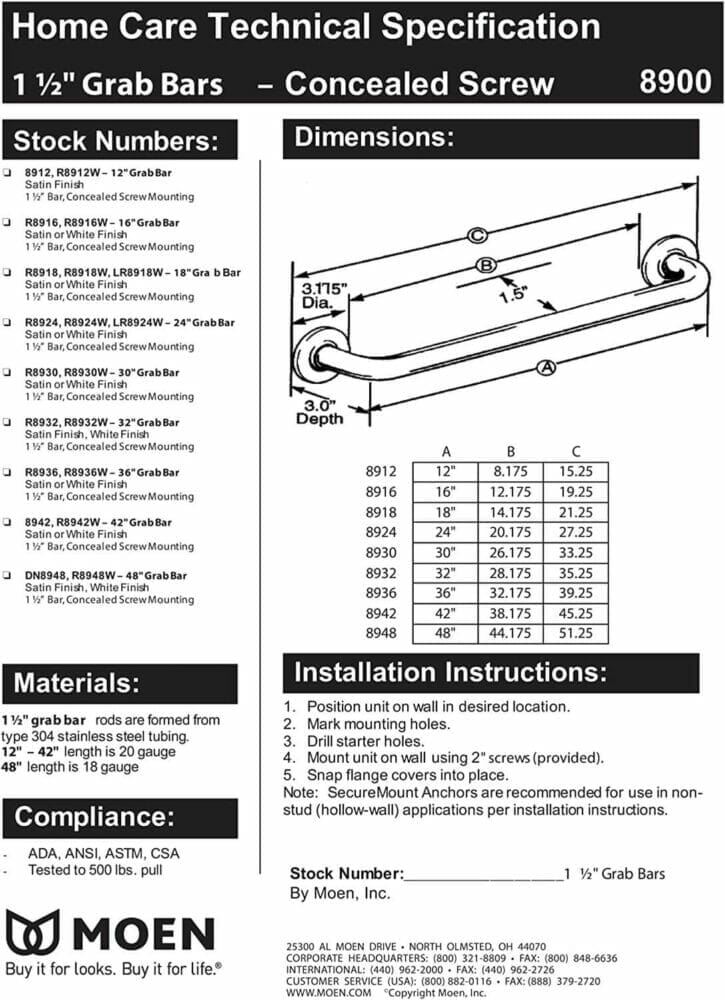 Moen Home Care 16" Concealed Screw Grab Bar - product specifications