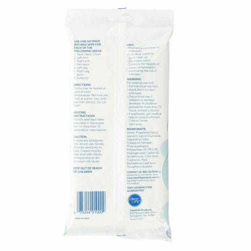 CleanLife No-Rinse Bathing Wipes – Product label