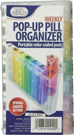 Pop-Up Weekly Pill Organizer package Removable Color-coded Compartments