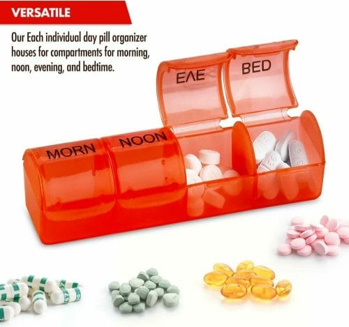 Pop-Up Weekly Pill Organizer – Compartments for morning, day, evening and bed time,