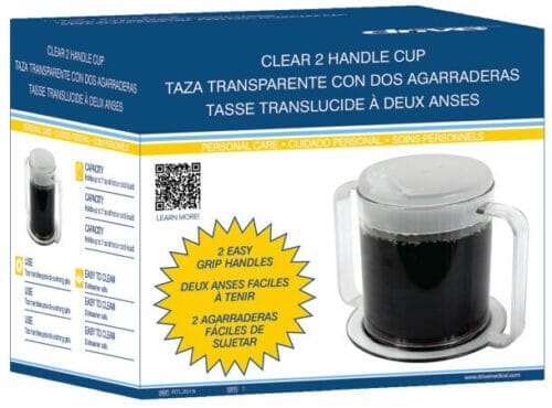 Drive Medical Two-Handle Cup package. Holds up to 10 Oz Hot or Cold Liquid,
